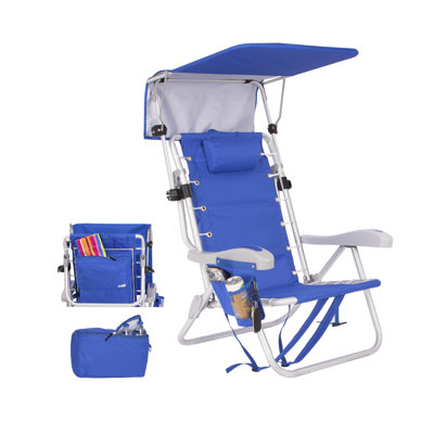 Ultimate Heavy Duty Aluminum Lace-Up Folding Backpack Beach Chair for Adults | Low Seat, Lay Flat, 5 Reclining Positions | Removable Insulated Cooler Pouch & Canopy for UV Protection