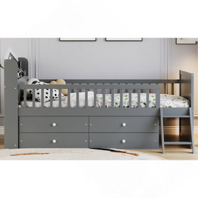 Cadre de lit simple avec rangement 4 tiroirs, cadre de lit en bois Forplatform Lit simple avec tête de lit garde-corps et échelle