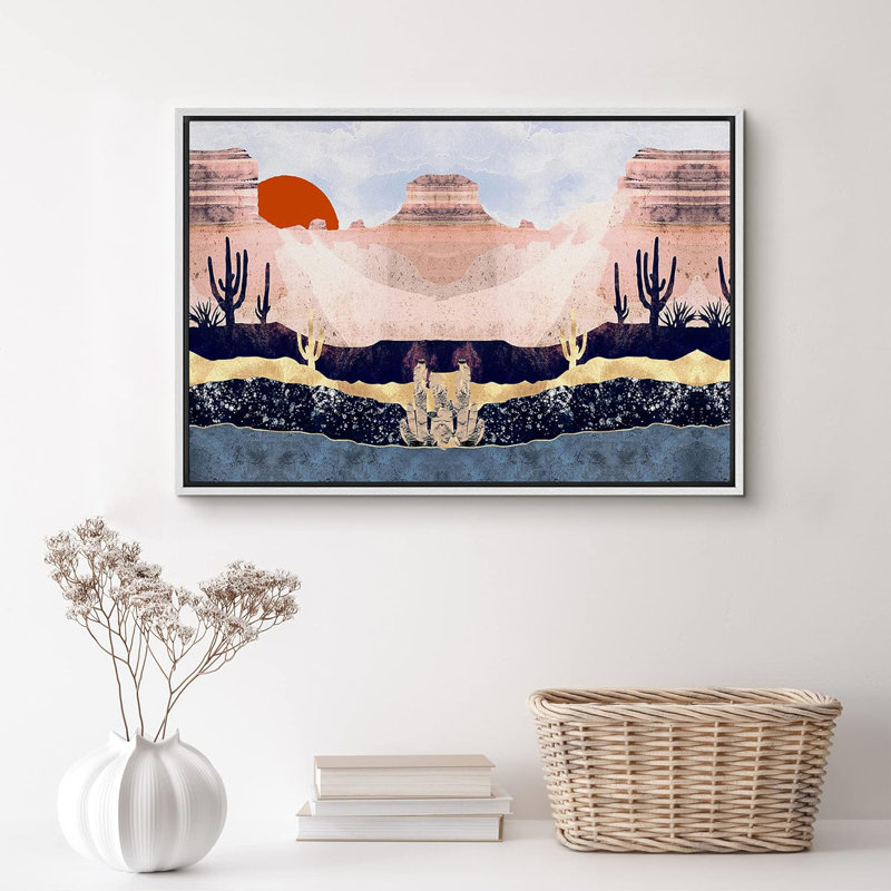 Sun Mountain Range, paysage désertique rose avec soleil rouge, impression sur toile, H 16 po x l 24 po x P 1,5 po, Blanc