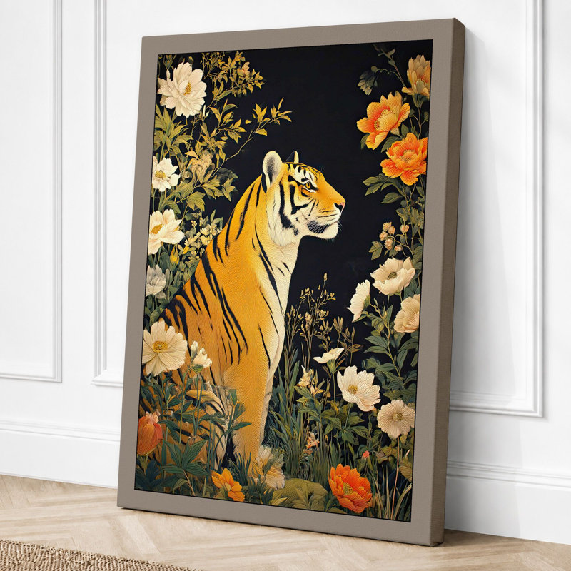 Tiger In Bloom Boho - Print, 24x16 - 61.0 x 40.6 cm, Taupe Border