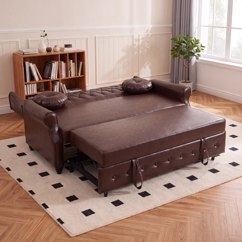 Canapé-lit 70 po brun Chesterfield en similicuir brun, Brown