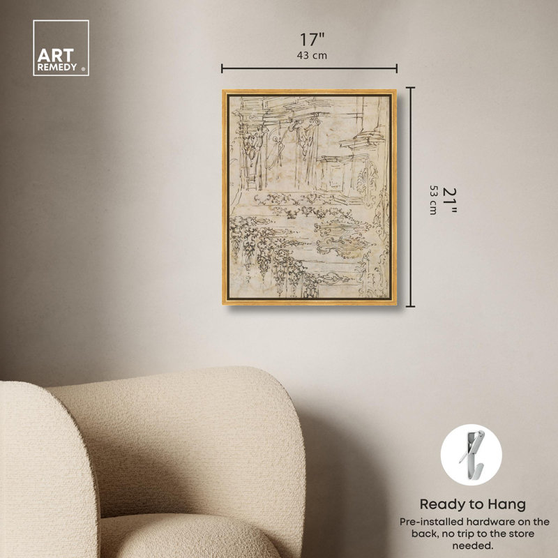 «Ornament and Architecture 1710 Canvas Classic Sketches» par Art Remedy, H 21 po x l 17 po, Cadre flottant doré
