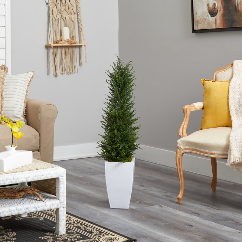 3.5ft. Cypress Artificial Tree in White Metal Planter UV Resistant (Indoor/Outdoor)