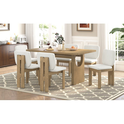 Ensemble de table de salle à manger rétro 7 pièces pour 6 personnes, ensemble de table de salle à manger en bois de 60 po pour 6 personnes avec chaises rembourrées et base à tréteaux conçue pour la cuisine et la salle à manger (bois naturel délavé)