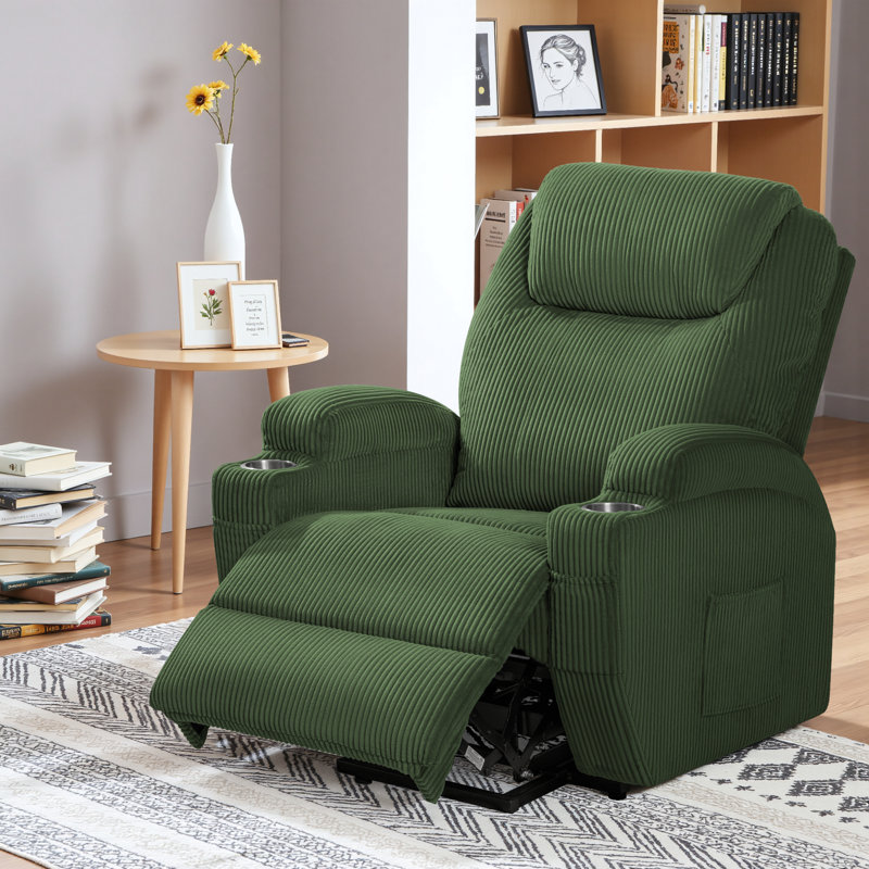 Corduroy Power Massage Recliner With Remote Angle Adjustment, Green