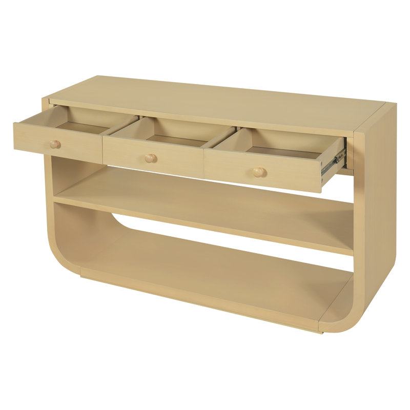 Console moderne en U incurvée moderne, canapé d'entrée avec 3 tiroirs et 2 tablettes de rangement ouvertes, Natural