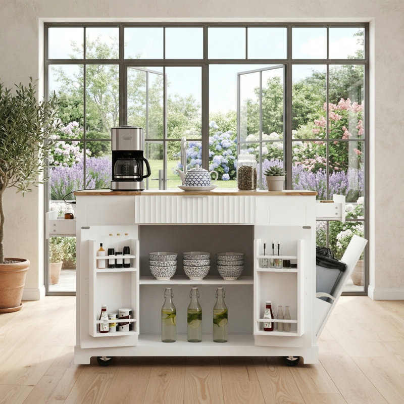 White Recessed Kitchen Island, Five-Wheeled For Easy Movement, Includes A Trash Can Cabinet And Electrical Outlet, With Multiple Drawers And Shelves For Maximum Storage.