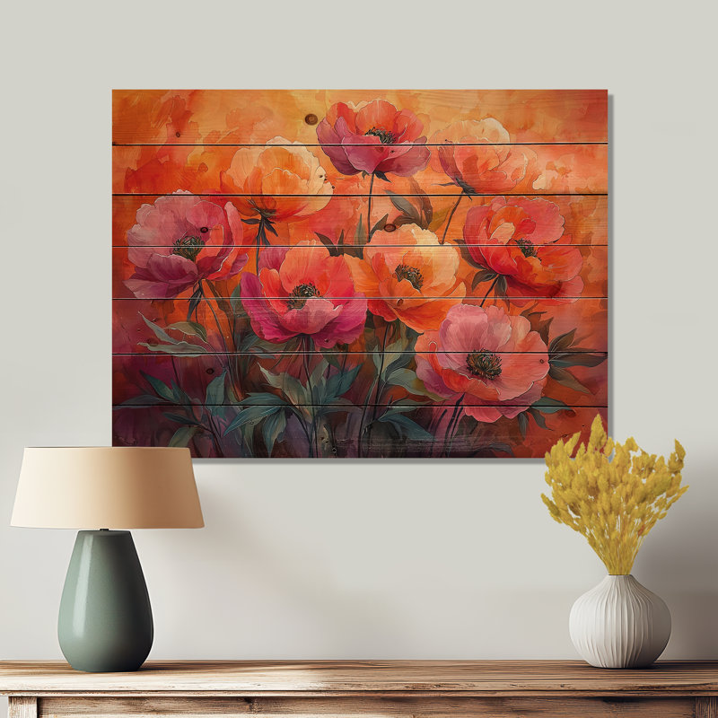 Radiance au coucher du soleil, pivoines, fleurs II - art mural en bois pivoines - sur bois de pin naturel