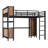 Queen Size Metal Loft Bed with Wardrobe and L-Shaped Desk, Storage Cubes & Shelves, Heavy Duty Loft Bed, Black Woodgrain