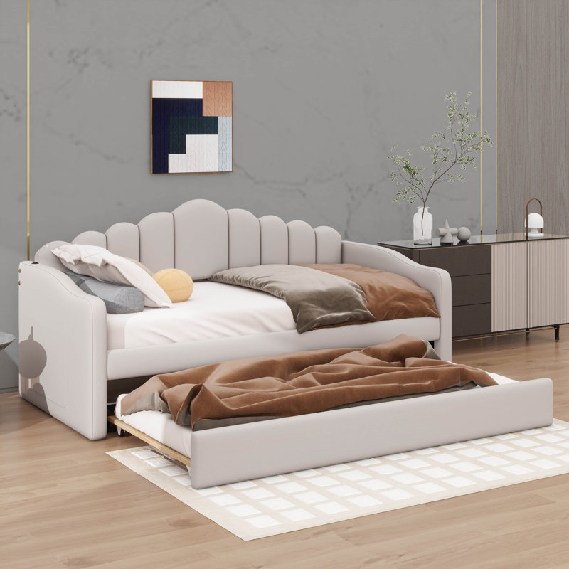 Multifunctional Twin Upholstered Daybed With Pull-Out Trundle And Built-In USB Charging, Beige