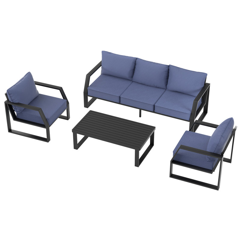 Ensemble de conversation moderne 4 pièces pour patio avec canapé 3 places, fauteuils et table basse