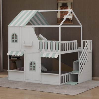 Structure de lit superposé double en bois pour enfants avec conception de maisonnette, toit et porte, marches de rangement et tablettes ouvertes