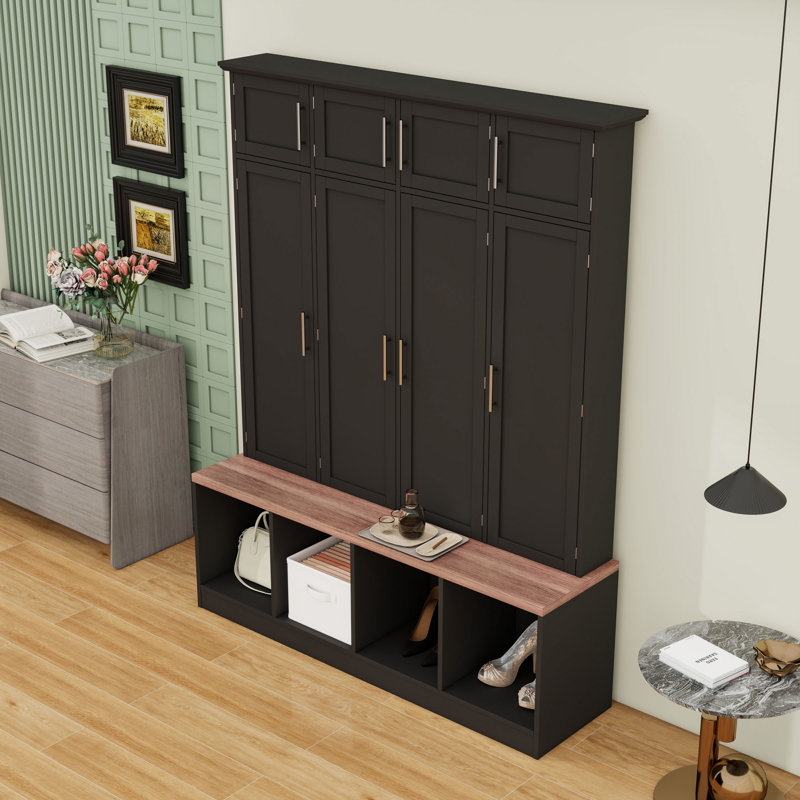 4-in-1 Hall Tree with 4 Hidden Hanging Hooks, Seating Bench and Doors, Black