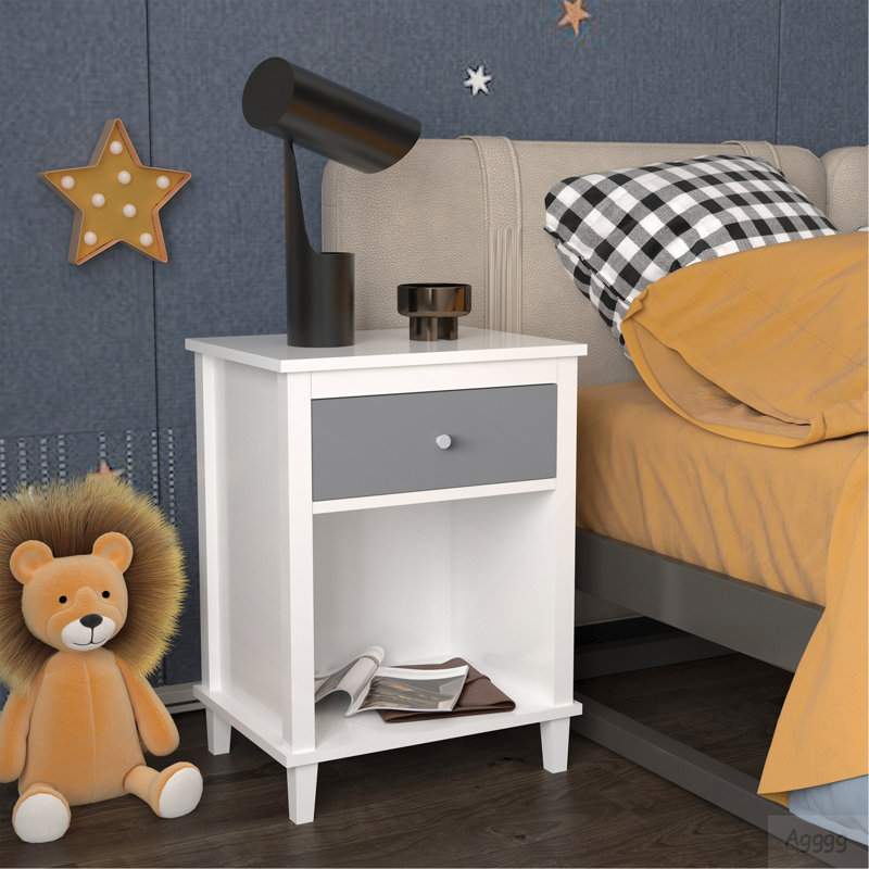Table de chevet en bois 26,77 po H avec tiroir 1 tablette pour enfants, adultes, poignée, Gray/White