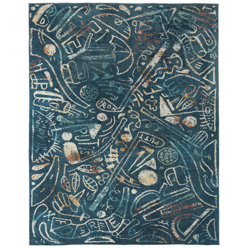 Tapis noir en polyester tissé à la machine Sportsglyphs, Rectangle 7 pi 9 po x 9 pi 9 po, Bleu