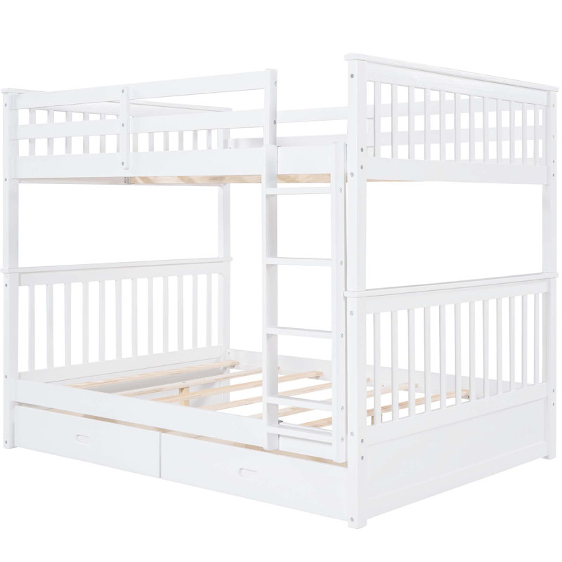 Lit superposé en bois avec échelles et 2 tiroirs de rangement, Blanc