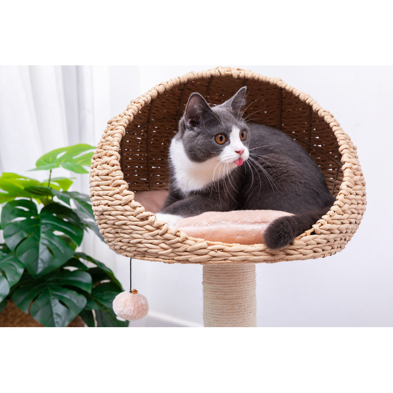 Beige Handwoven Sisal Cat Tree with Plush Perch