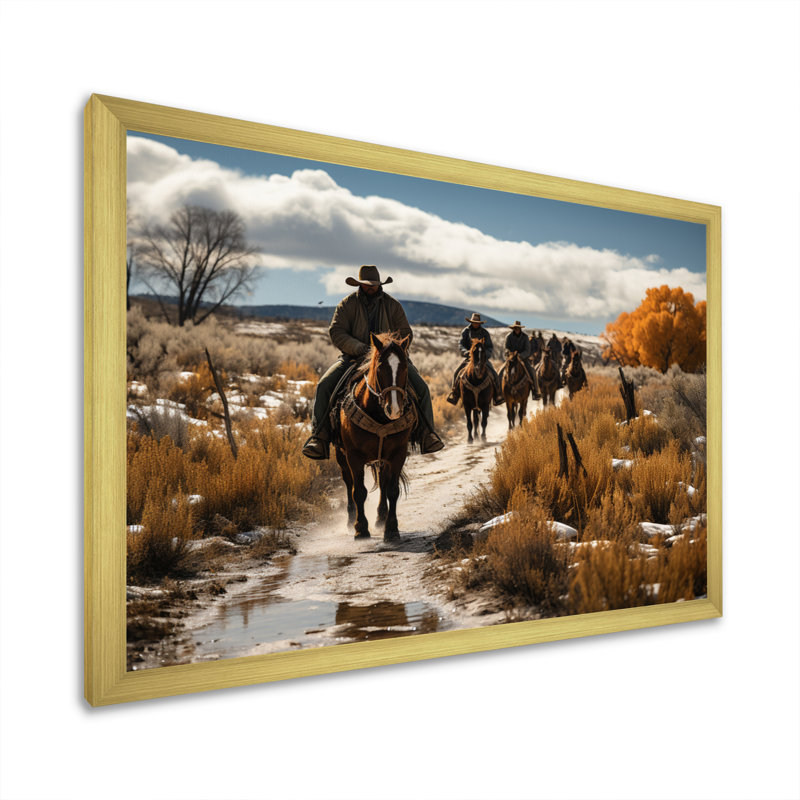 «Western Cattle Drive Memories» sur toile, H 30 po x l 40 po x P 1,5 po, Cadre doré à une seule photo