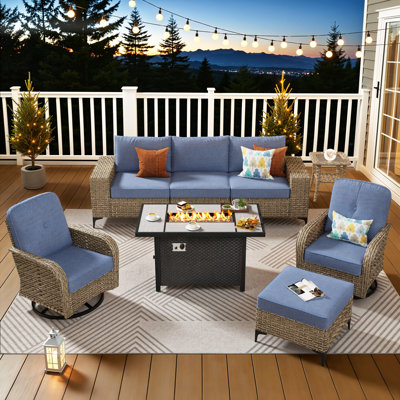 Ensemble de conversation pour 6 personnes avec chaise berçante pivotante, ensemble de conversation modulaire en rotin et osier avec coussins, ensemble de conversation pour canapé toutes saisons avec foyer pour table de jardin