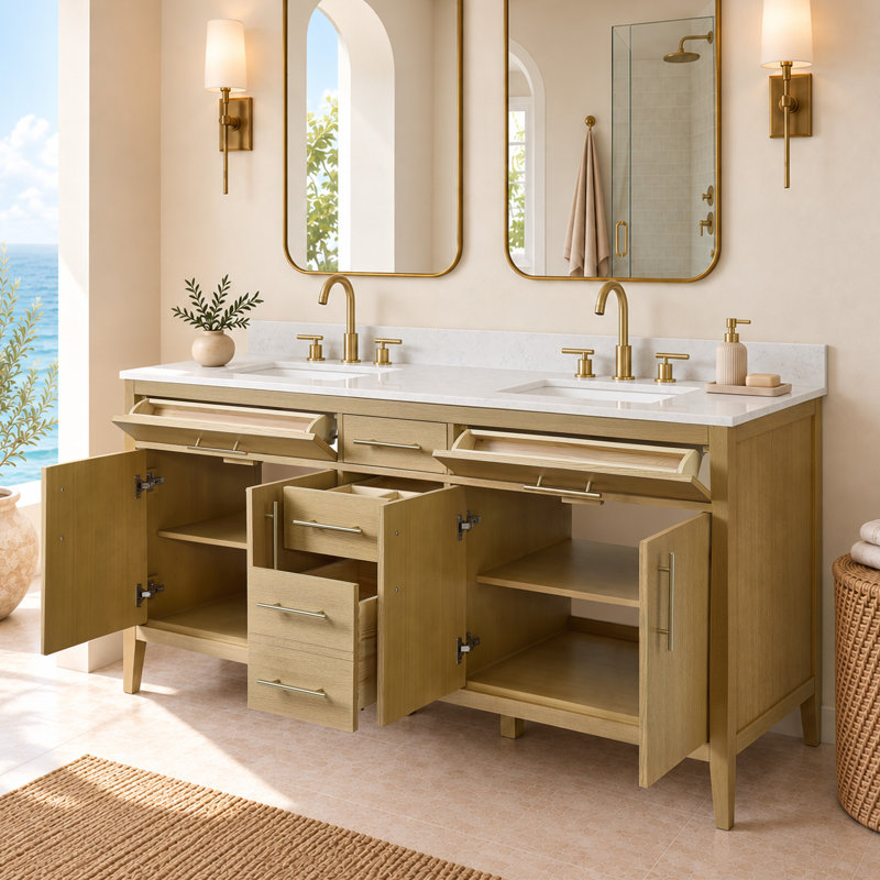 Ensemble de vanité double de 183 cm (72 po) entièrement assemblé, avec comptoir et dosseret en granit blanc., Oak Wood