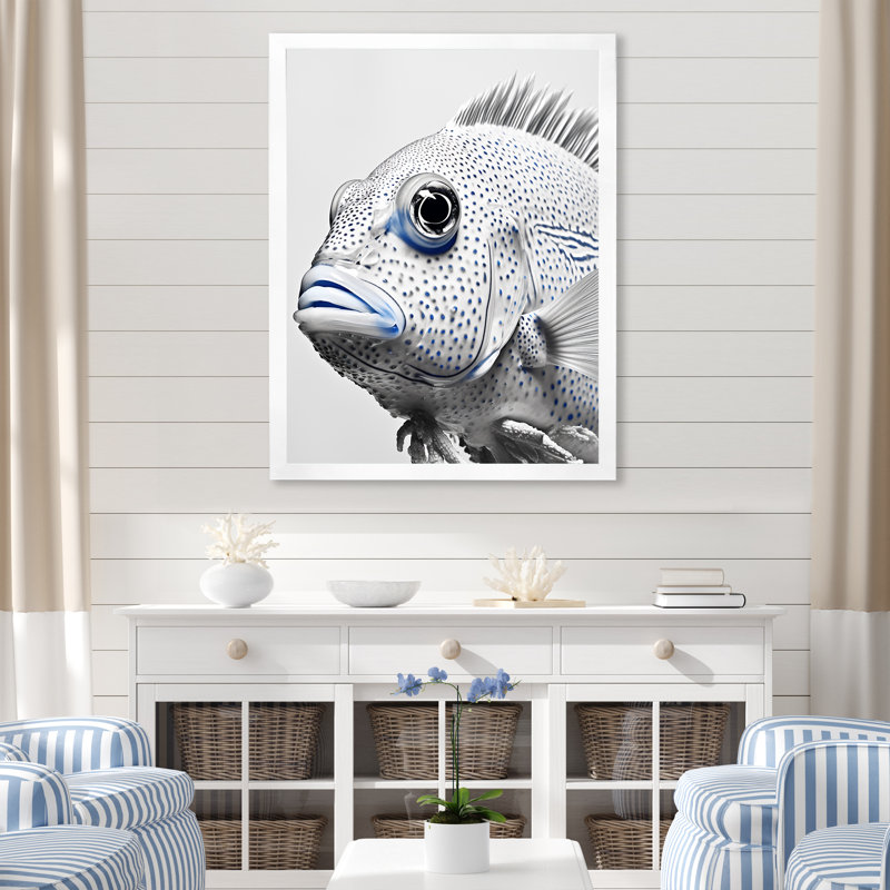 " Cute White And Blue Fish Portrait " Print, White Single Picture Framed, 32" H x 24" W x 1" D