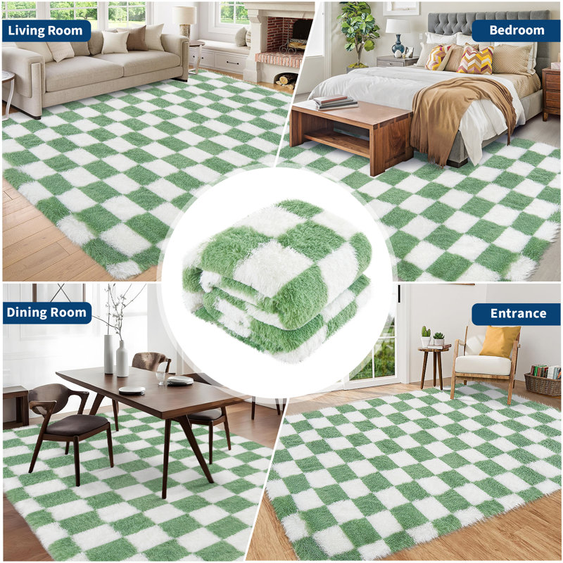 Soft Fluffy Large Rugs for Living Room Shaggy Area Rug Non Slip Modern Checkered Luxury Shag Plush Carpet for Kids Room Bedroom Dorm Home Decor