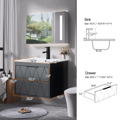 Ciarra Makowski 24" Wall Mounted Single Bathroom Vanity Set with Sink Top, Zinc Alloy Faucet, Floating Cabinet with Soft-Close Drawers
