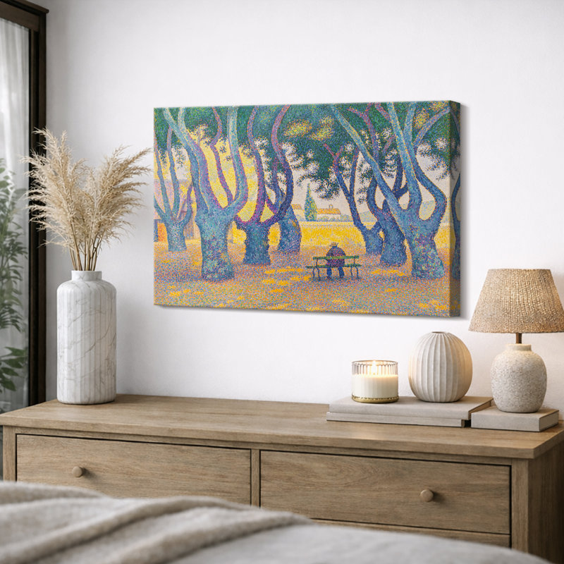 Pointilliste bordée d'arbres, scène de parc, étude de chambre, impression encadrée sur toile, estampe numérique, Toile tendue