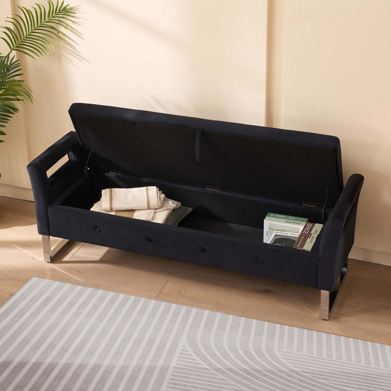 67.91"Wide Velvet Storage Soft Bench With Armrests  For Living Room, Entryway And Bedroom, Black