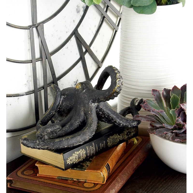 Holquin Polystone Octopus Decorative Black Sculpture with Long Tentacles and Suctions Detailing