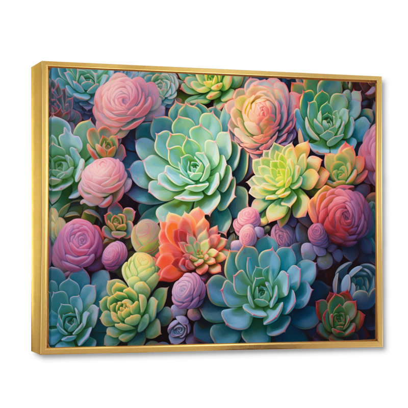 Vert, bleu, plantes grasses, succulentes, rêves II, Cadre flottant doré, H 16 po x l 32 po x P 1 po