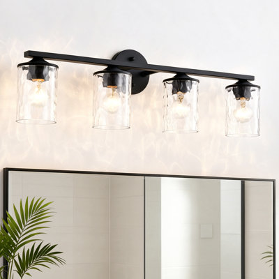  4-Light 30 In. Matte Black Vanity Light With Hammered Clear Glass Shades