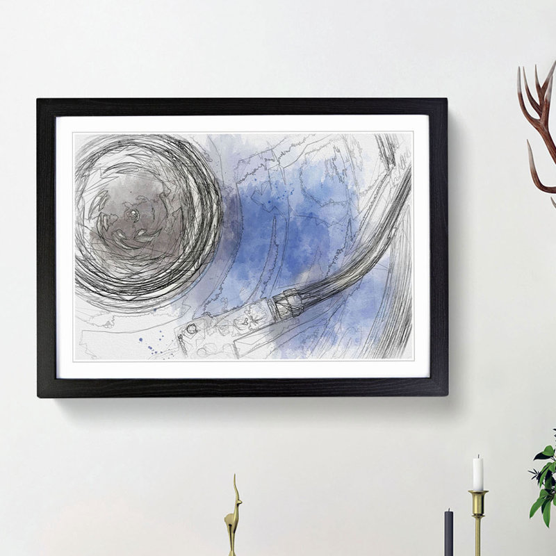 Blue Vinyl Record in Abstract - Picture Frame Drawing Print, 62cm H x 87cm W x 2cm D, Black Framed