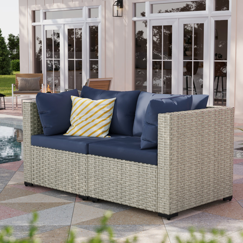 Canapé de patio en rotin avec coussins 2 pièces, Marine