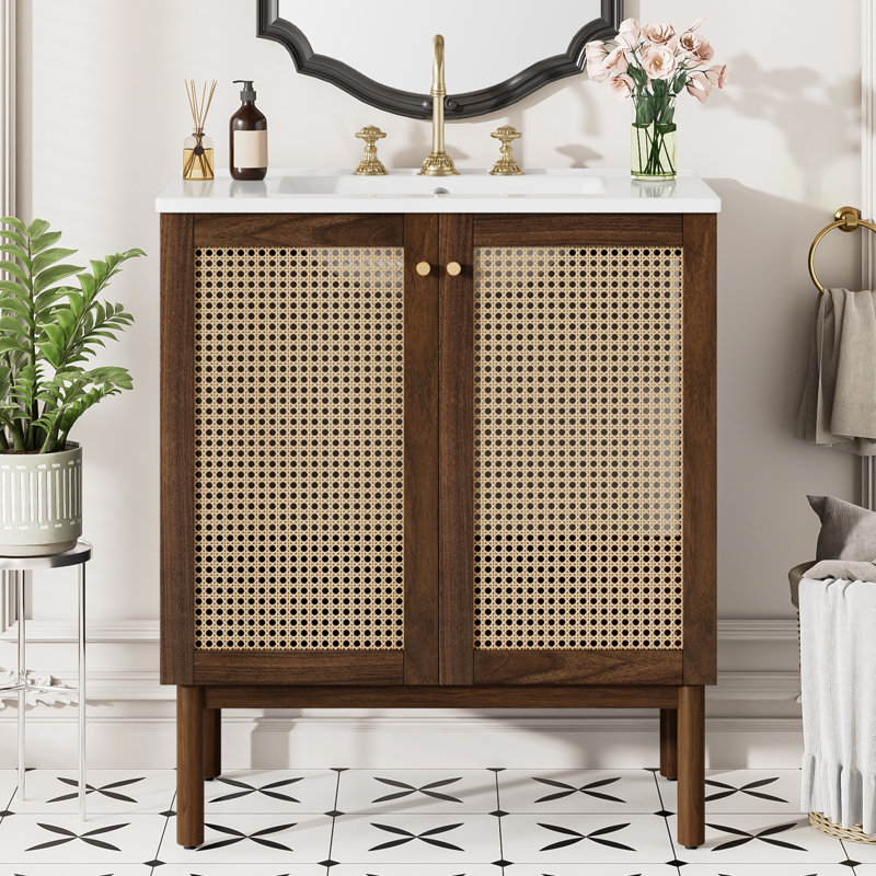 Bristol 30" Freestanding Bathroom Vanity with Handwoven Rattan Doors & Ceramic Sink, Noyer foncé