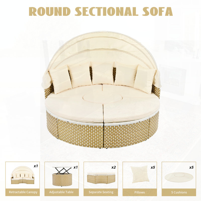 Rattan Daybed Two-Tone Weave Sunbed with Retractable Canopy, Beige, Natural
