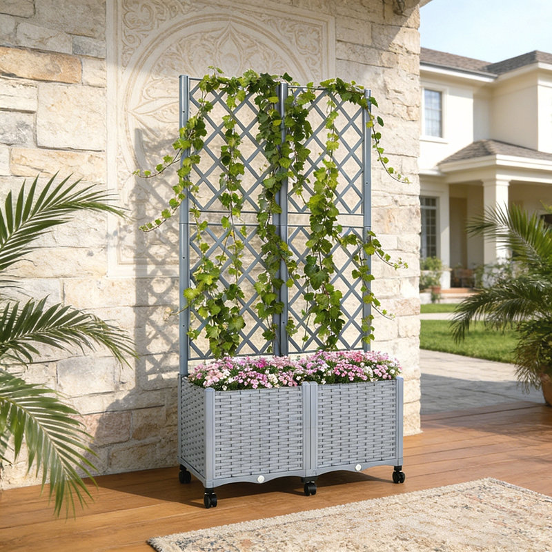 Mobile Raised Garden Bed, Outdoor Stylish Planter Box with Trellis and Self-Watering System, Gray