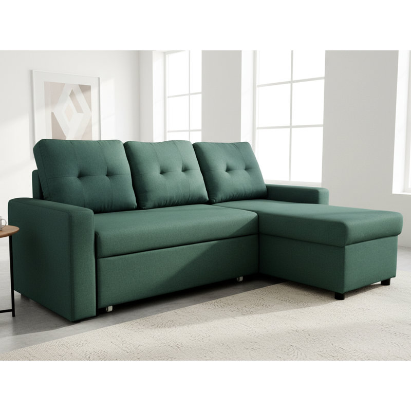 2-In-1 L-Shaped Sectional Sleeper Sofa With Linen Upholstery And Medium-Firm Cushions, Bluenish Green