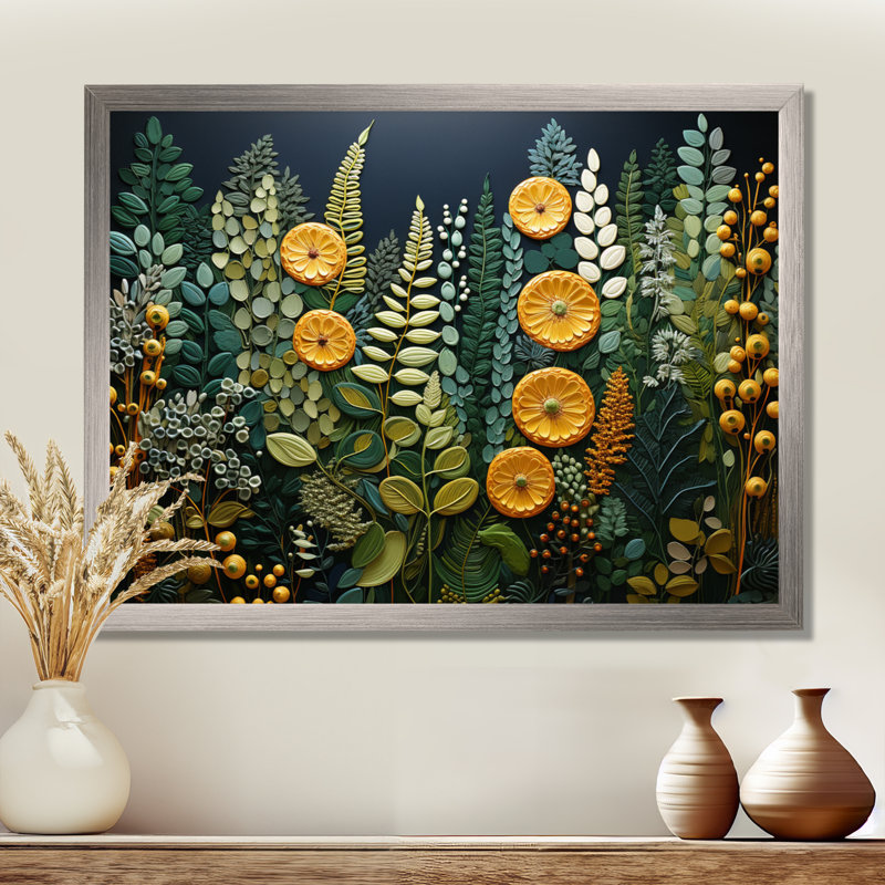 Tapisserie de fougères jaunes, plante, forêt, fougères, H 34 po x l 44 po, Encadrement doré