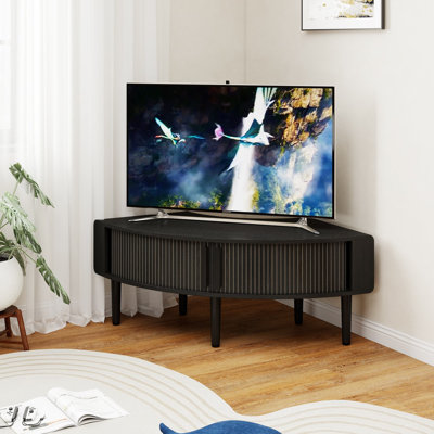 Curved Corner Tv Stand, Mid-century Modern Television Console With Storage, Corner Media Stand For Living Room, Bedroom, Space-saving