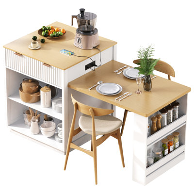 Extendable Kitchen Island For 2 - 6, Drawers On Both Sides, Cabinet With Adjustable Shelf, Open Storage, Power Outlet, White Finish, Natural Wood Grain, Curved Edges Table 4 Double Sided Drawers,