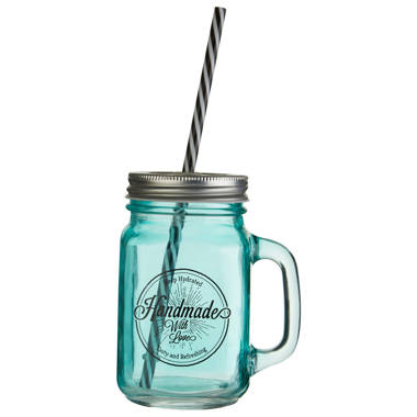 450ml Drinking Glass Set Mason Jar Mugs With Handle &straws (green)