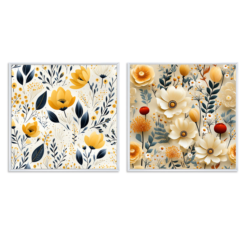 Erwan - Ensemble de 2 collages carrés botaniques abstraits, Cadre flottant blanc, H 30 po x l 61 po
