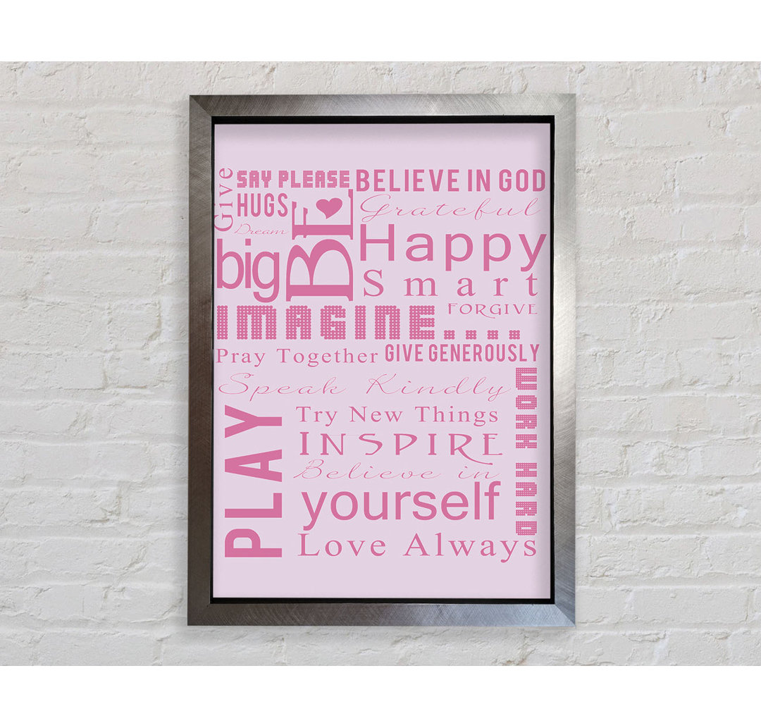 Gerahmtes Poster Home Quote Family Rules Be Happy Love Always in Rosa