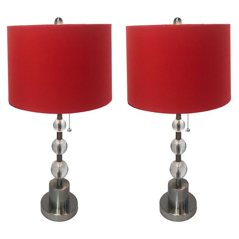 Ensemble de lampe de table à colonne de cristal Rima, Nickel brossé, rouge, H 26 po x l 14 po x P 14 po