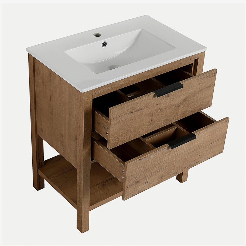 Meuble-lavabo de 30 pouces avec planche en bois massif et 2 tiroirs, Blanc