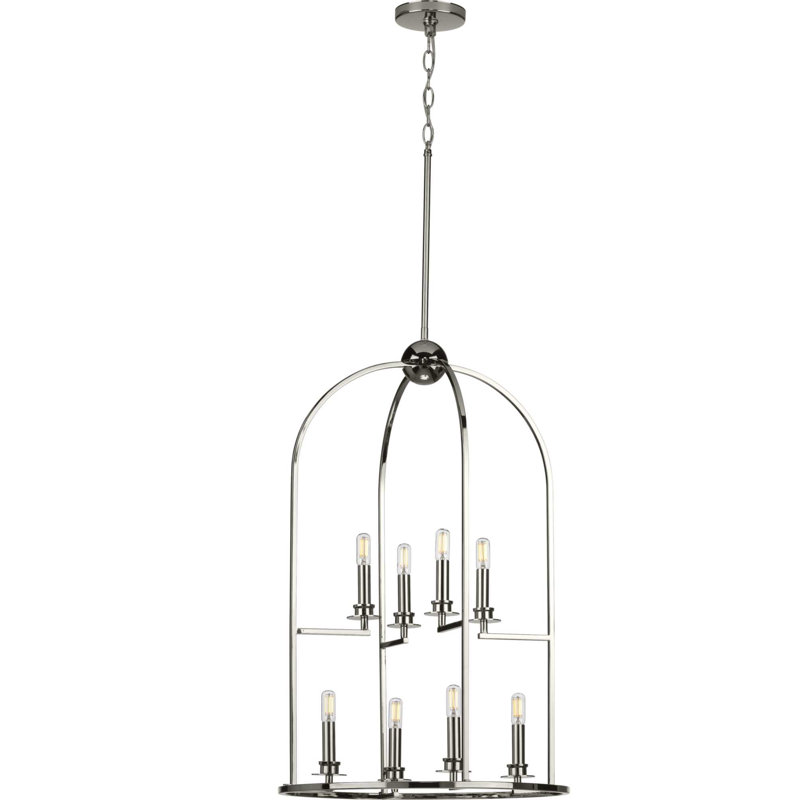 Lustre à niveaux 8 lumières lanterne Gatun, Nickel poli