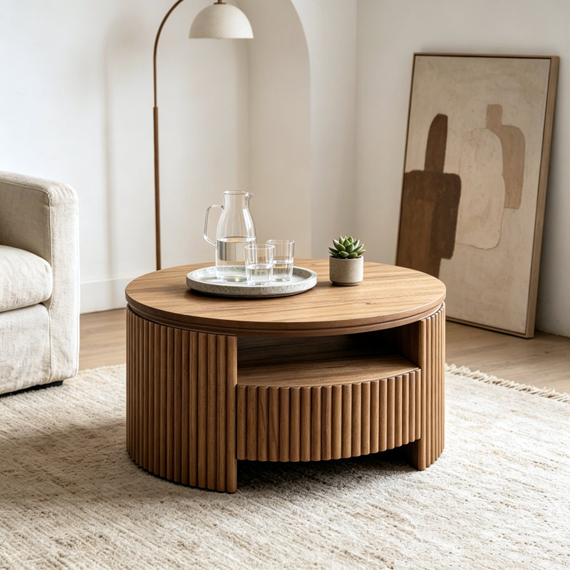 Table basse ronde en bois massif cannelé noyer, table basse tambour moderne de style Mid-Century avec tiroirs de rangement cachés, couche de présentation ouverte creuse, base de piédestal stable pour le salon