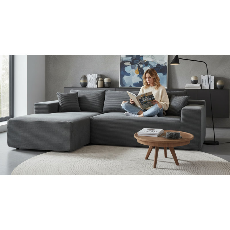 Boneless high density foam sectional sofa, Left Hand Facing, Dark Gray Corduroy