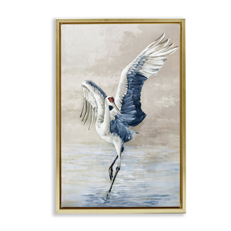  Grue dansante sur toile flottante encadrée par Eli Jones, H 31 po x l 21 po, Cadre flottant métallique doré